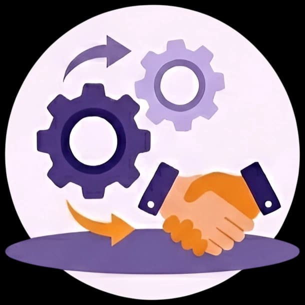 Ein Händedruck-Icon von Nordway Logistics mit Zahnrädern und Pfeilen symbolisiert erfolgreiche Partnerschaften und reibungslose Zusammenarbeit im Logistikmanagement.