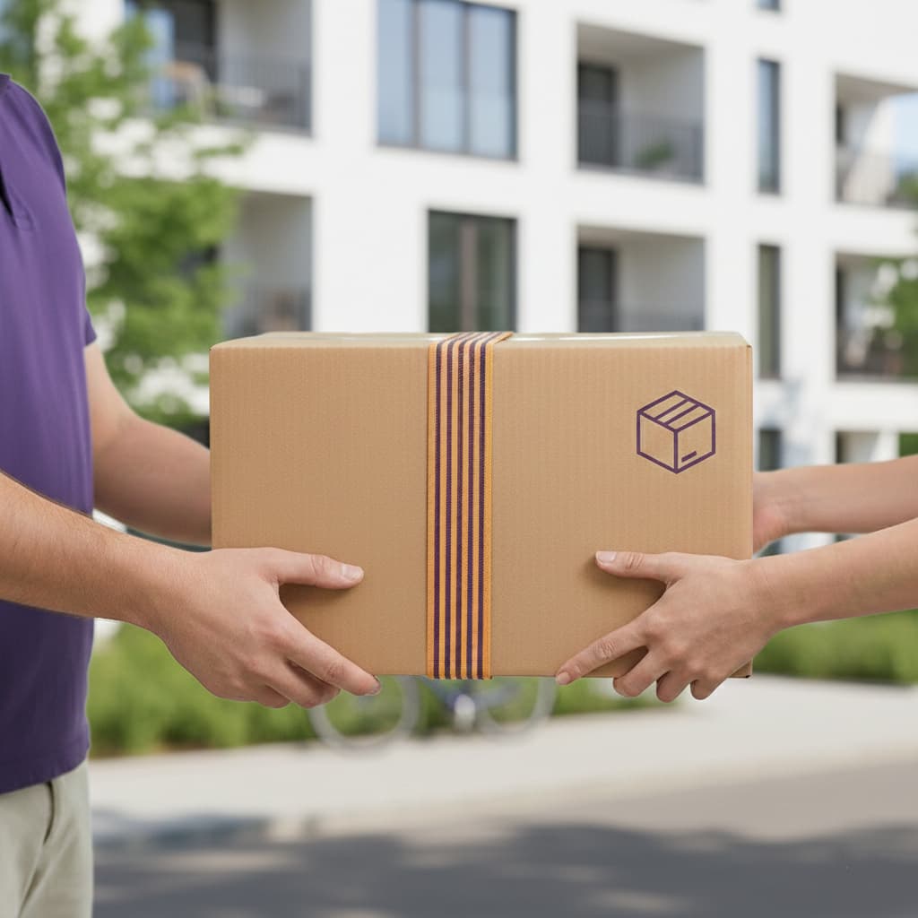 Ein Kurier von Nordway Logistics übergibt ein sicher verpacktes Paket an einen Kunden vor einem modernen Wohngebäude für eine zuverlässige Paketzustellung.