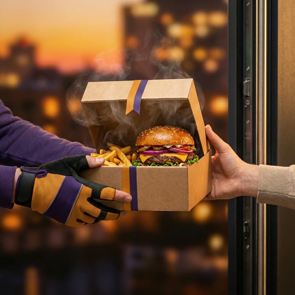 Ein Kurier von Nordway Logistics liefert eine dampfende Box mit einem Gourmet-Burger und Pommes aus, was für schnelle und frische Essenszustellung steht.