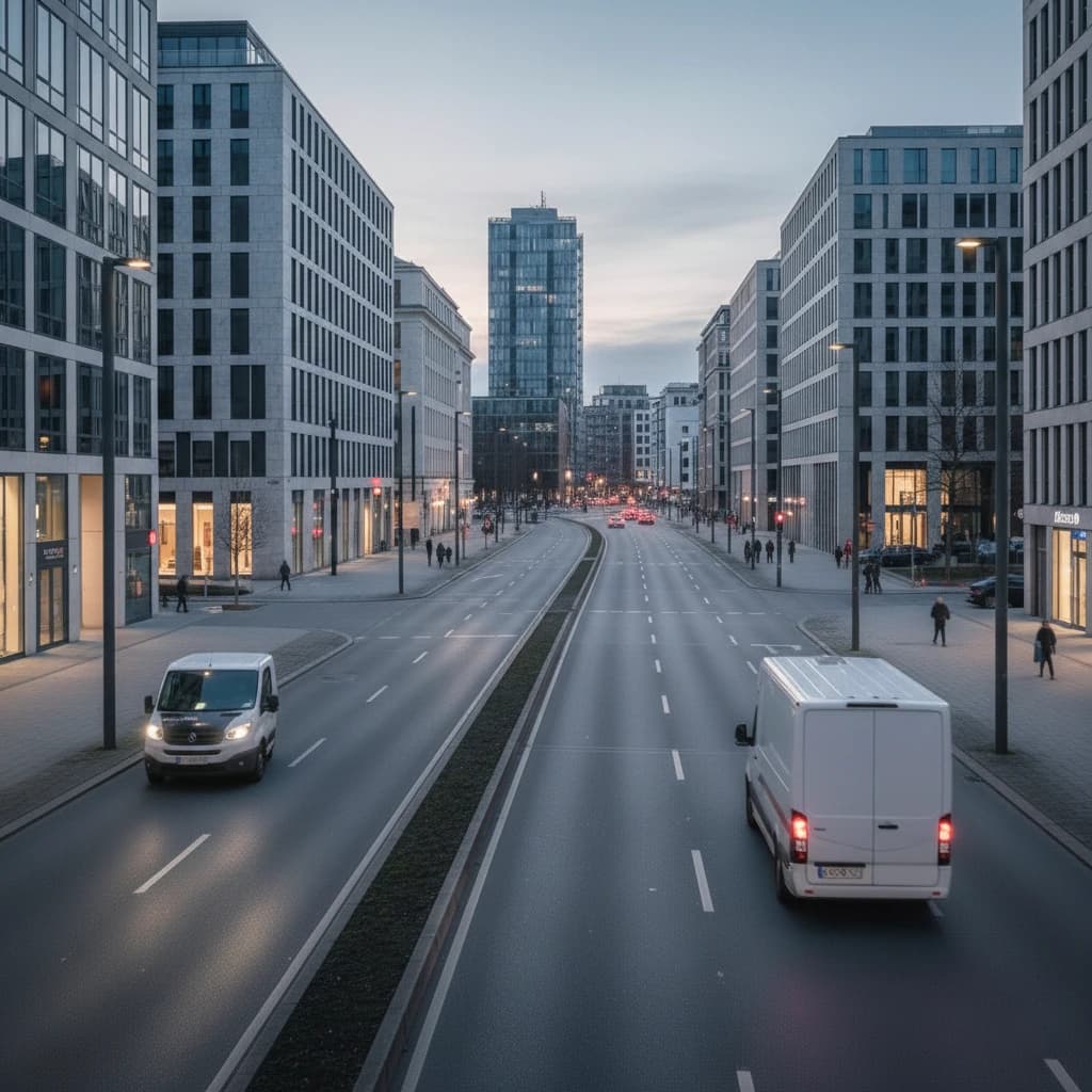Weiße Lieferwagen von Nordway Logistics fahren durch eine moderne Stadt und bieten effiziente Versandlösungen für den urbanen Raum.