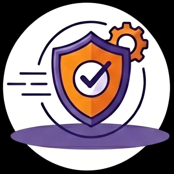 Sicherheitsschild-Icon von Nordway Logistics mit Häkchen und Zahnrad symbolisiert zuverlässigen Schutz und optimierte Logistikprozesse.