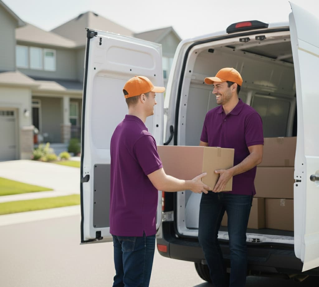 Zwei Mitarbeiter von Nordway Logistics entladen gemeinsam ein Paket aus einem weißen Lieferwagen in einem Wohngebiet für eine pünktliche Zustellung.